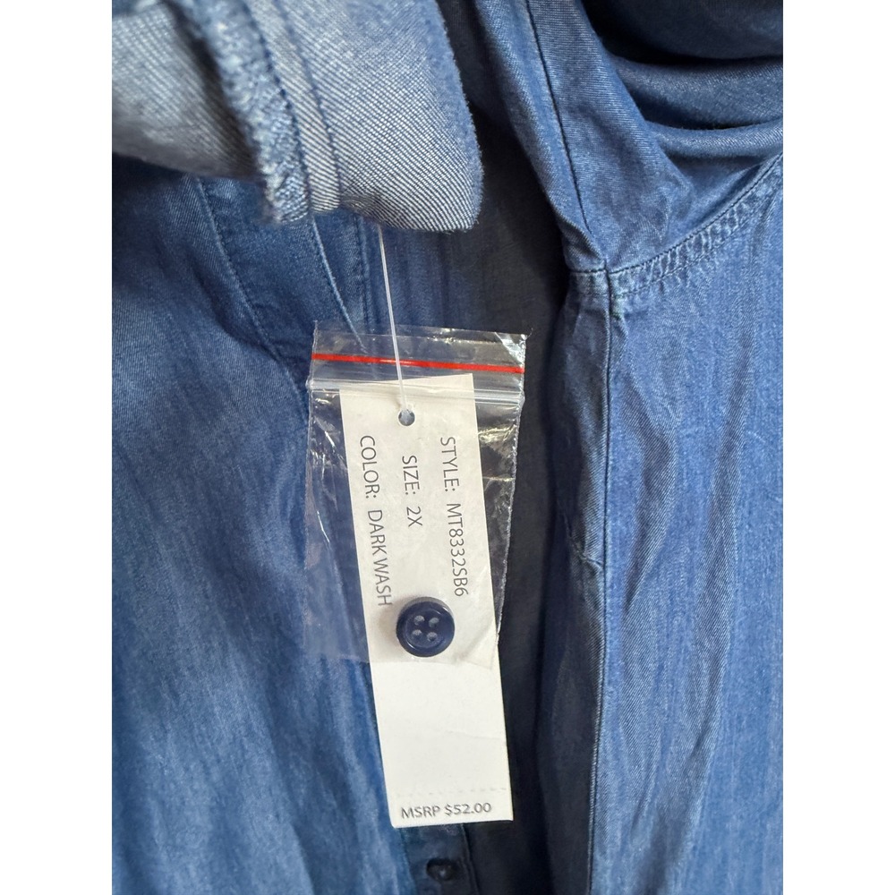 Zac & Rachel Woman 2X Dark Wash Lyocell Denim Blue Roll Tab Button Down Shirt - Picture 8 of 11